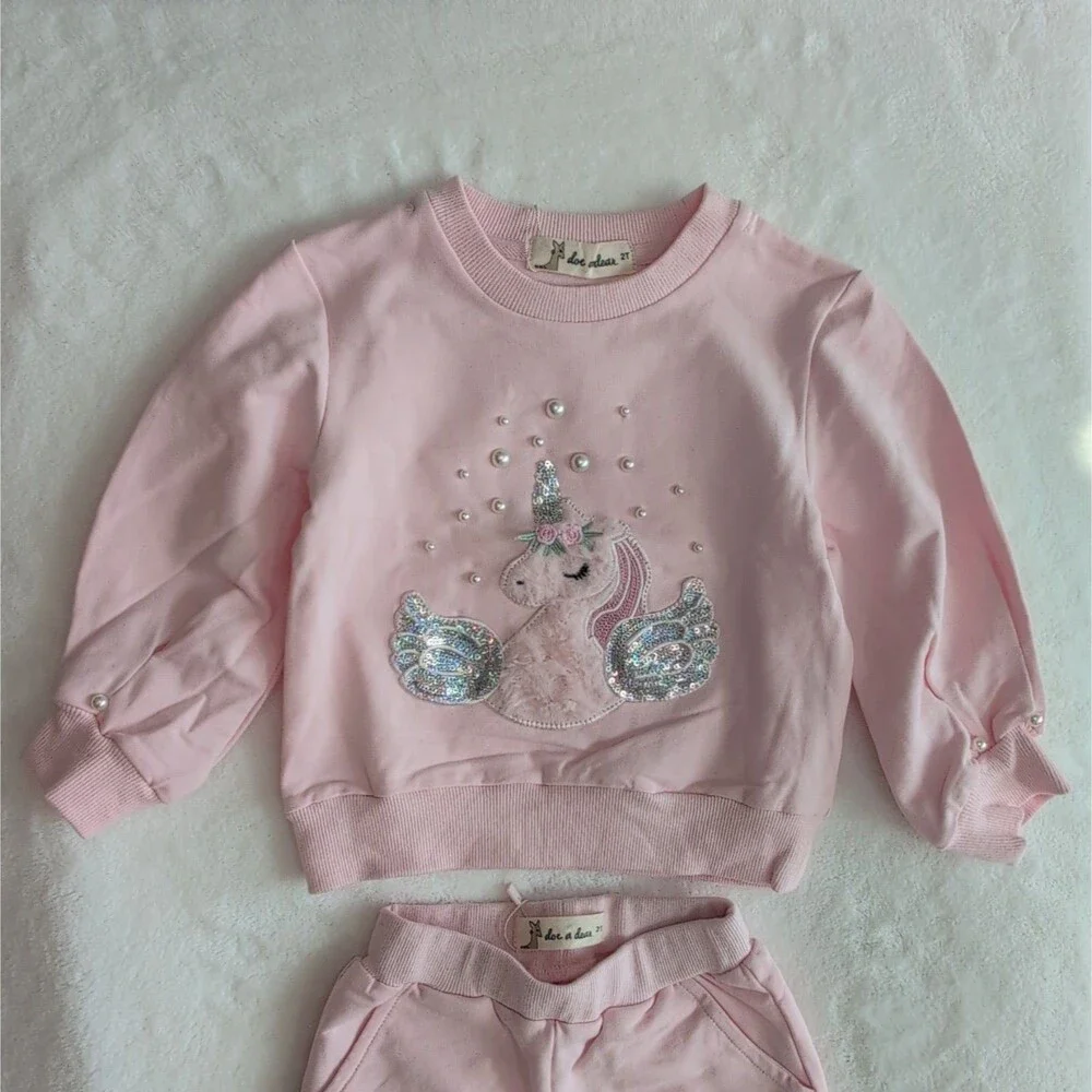 Pink Sequin Unicorn Sweatsuit Set - Pearl Embellished Balletcore Coquette Jogger